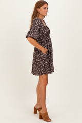 Brown Floral Square Neck Bubble Sleeve Dress