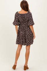 Brown Floral Square Neck Bubble Sleeve Dress
