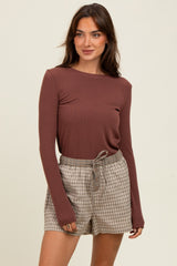 Taupe Plaid Drawstring Button Accent Maternity Shorts