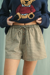 Taupe Plaid Drawstring Button Accent Shorts