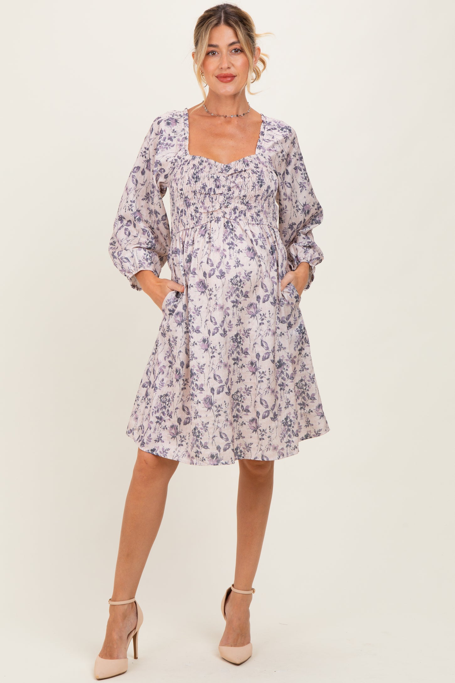 Cream Floral Sweetheart Neck Smocked Maternity Dress