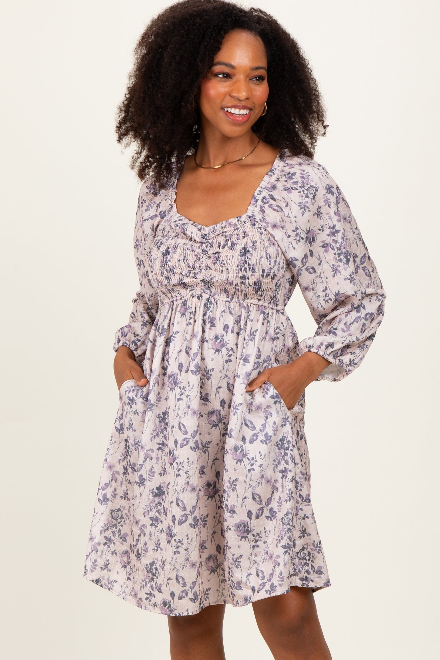 Cream Floral Sweetheart Neck Smocked Dress