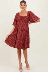 Burgundy Floral Square Neck Maternity Dress