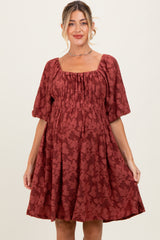 Burgundy Floral Square Neck Maternity Dress