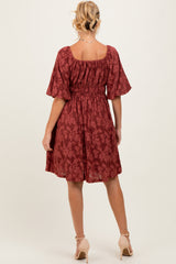 Burgundy Floral Square Neck Maternity Dress