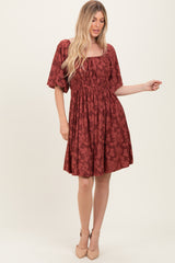 Burgundy Floral Square Neck Dress