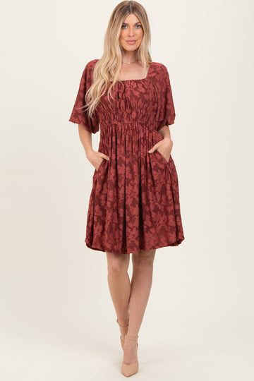 Burgundy Floral Square Neck Dress