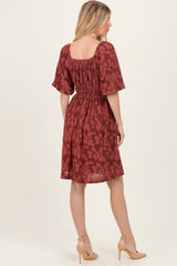 Burgundy Floral Square Neck Dress