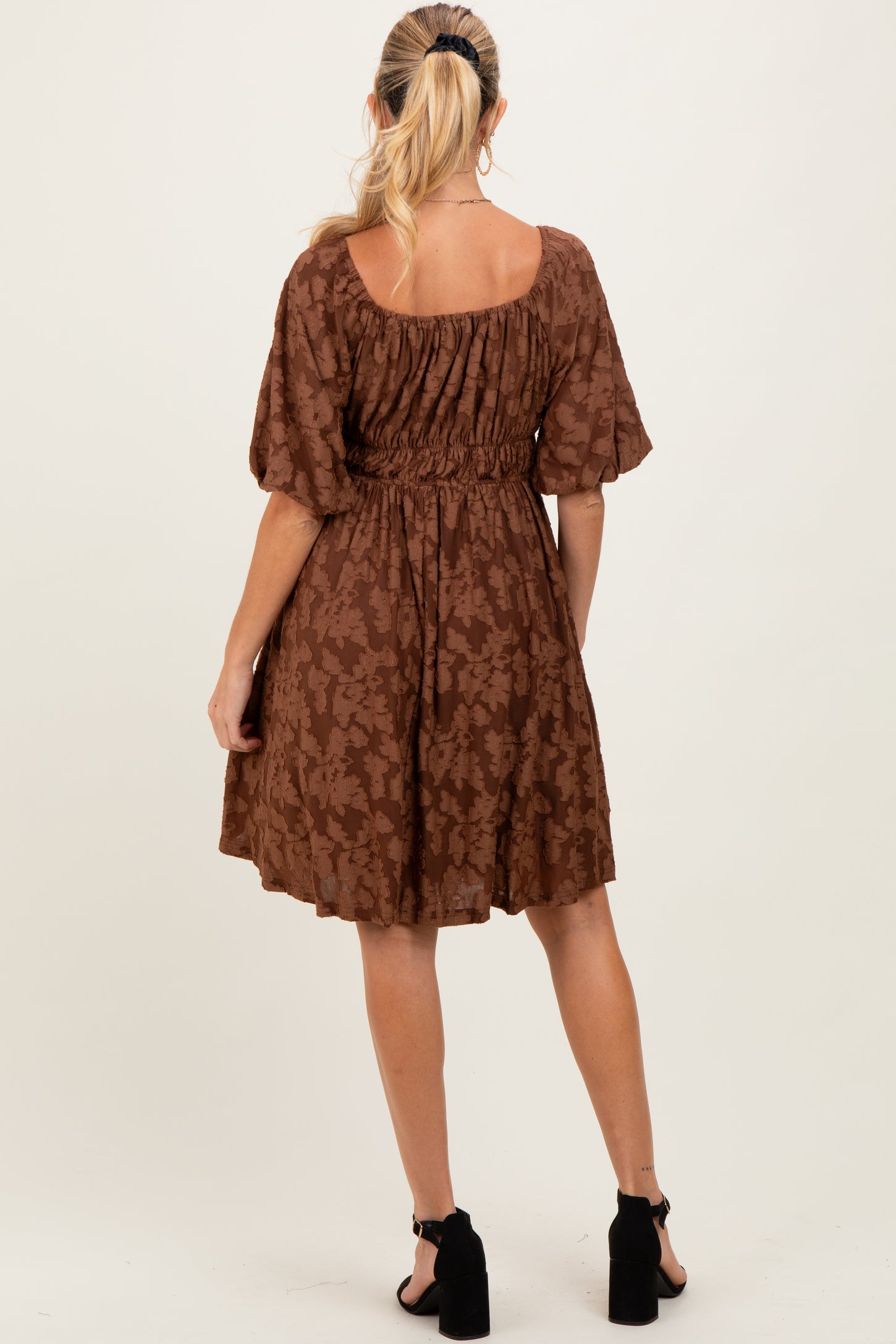Brown Floral Square Neck Maternity Dress