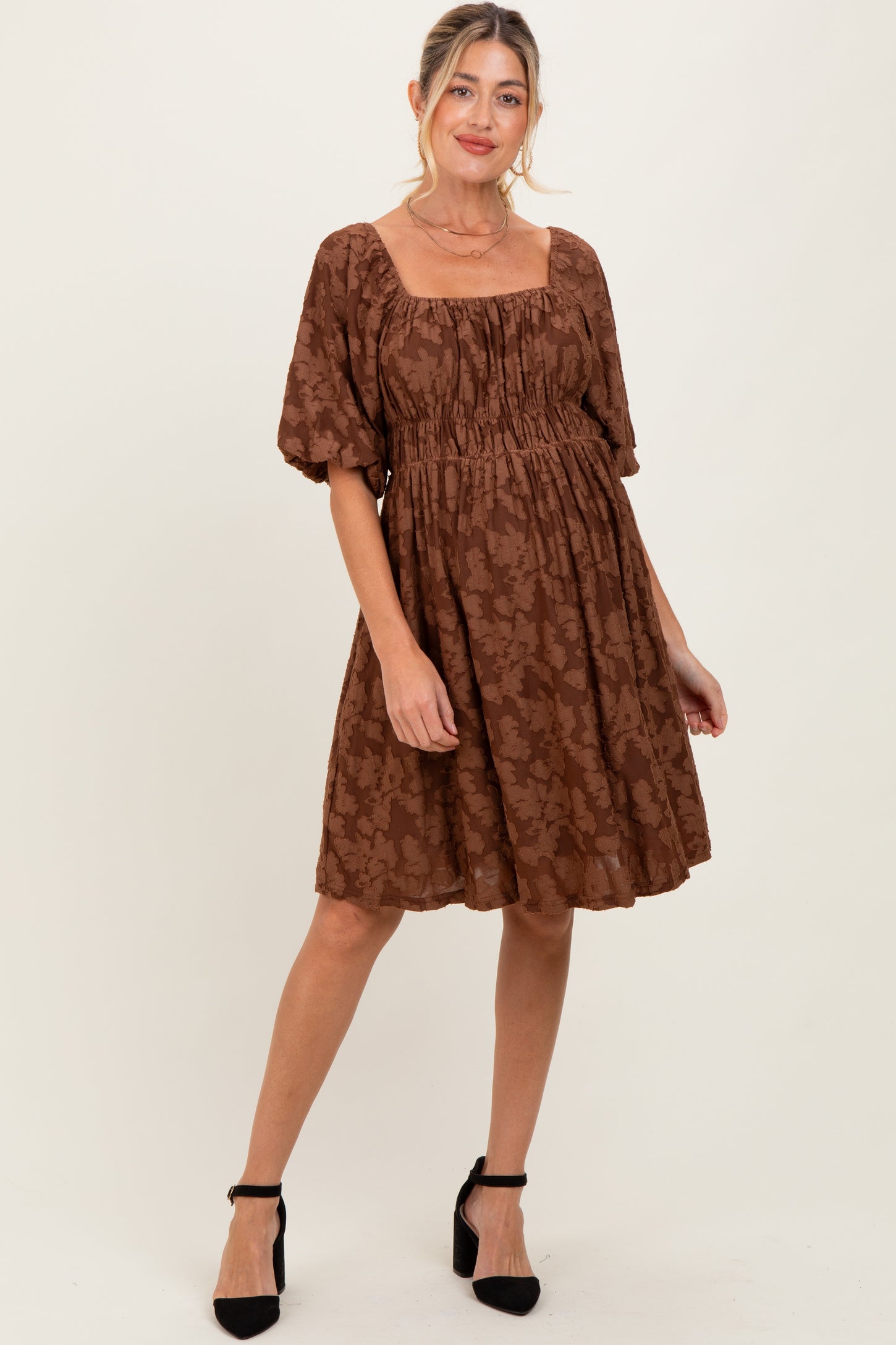 Brown Floral Square Neck Maternity Dress