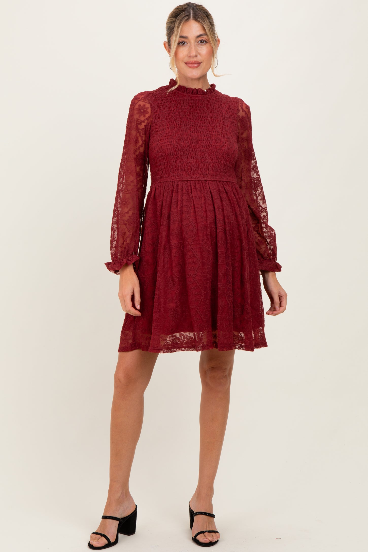 Red Lace Smocked Long Sleeve Maternity Dress