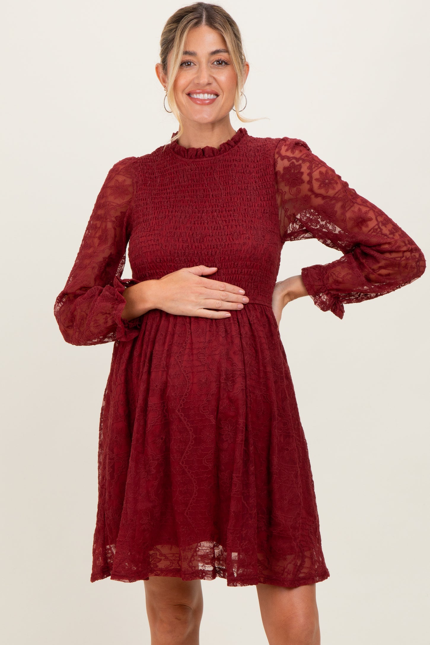 Red Lace Smocked Long Sleeve Maternity Dress