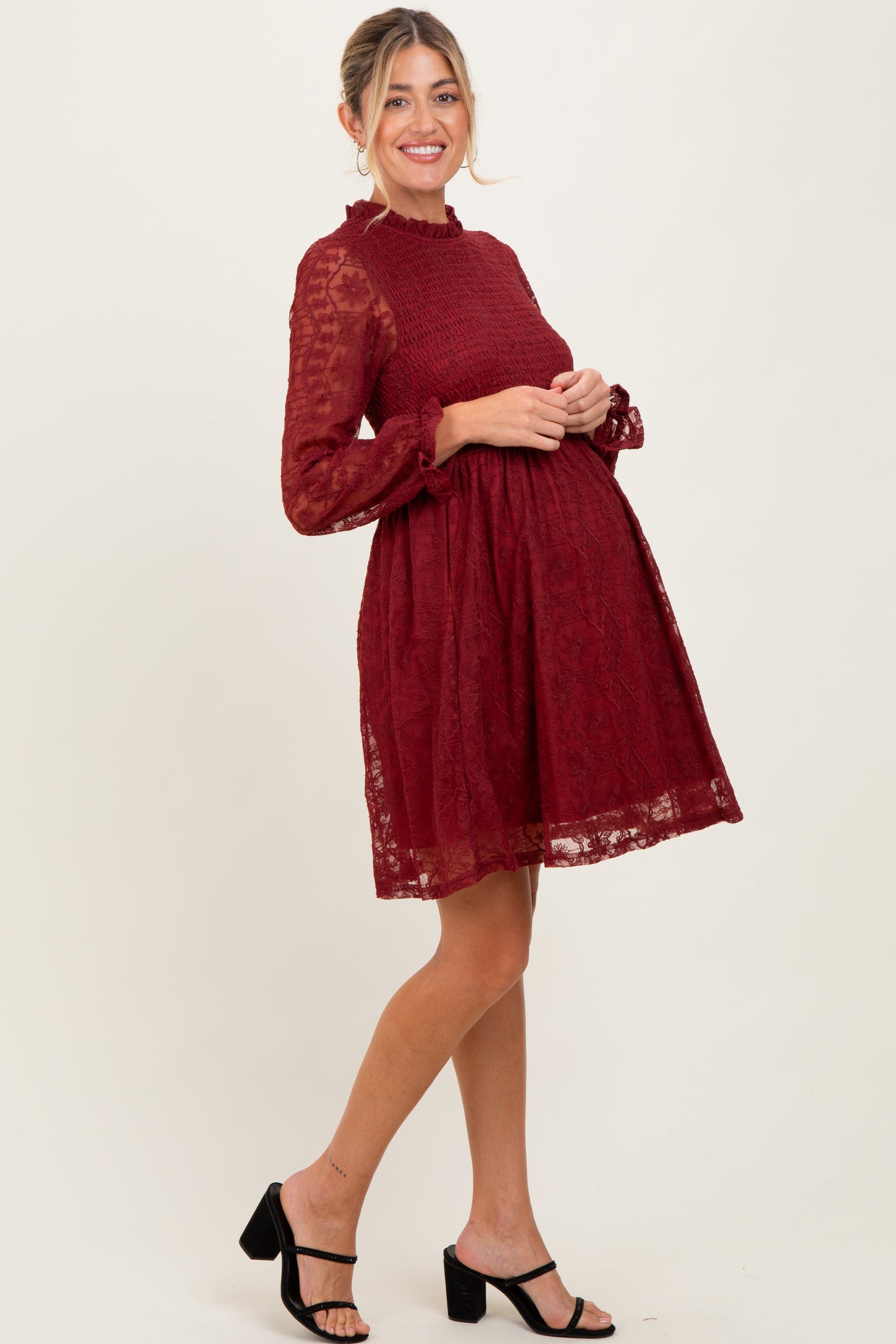 Red Lace Smocked Long Sleeve Maternity Dress PinkBlush Red Lace Smocked Long Sleeve Maternity Dress PinkBlush