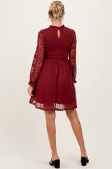 Red Lace Smocked Long Sleeve Maternity Dress
