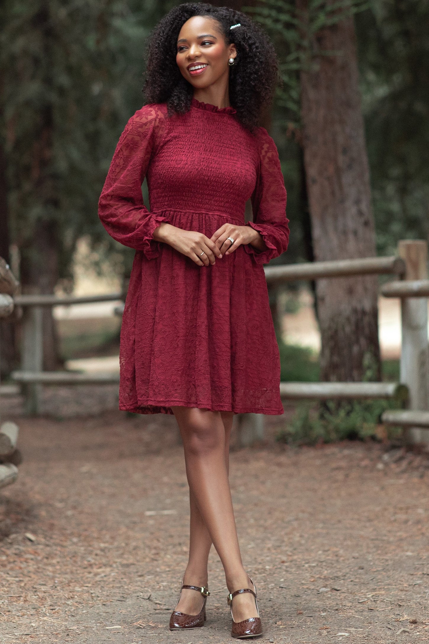 Red Lace Smocked Long Sleeve Maternity Dress Red Lace Smocked Long Sleeve Maternity Dress