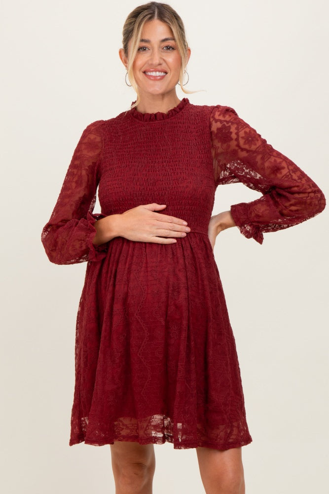 Red Lace Smocked Long Sleeve Maternity Dress
