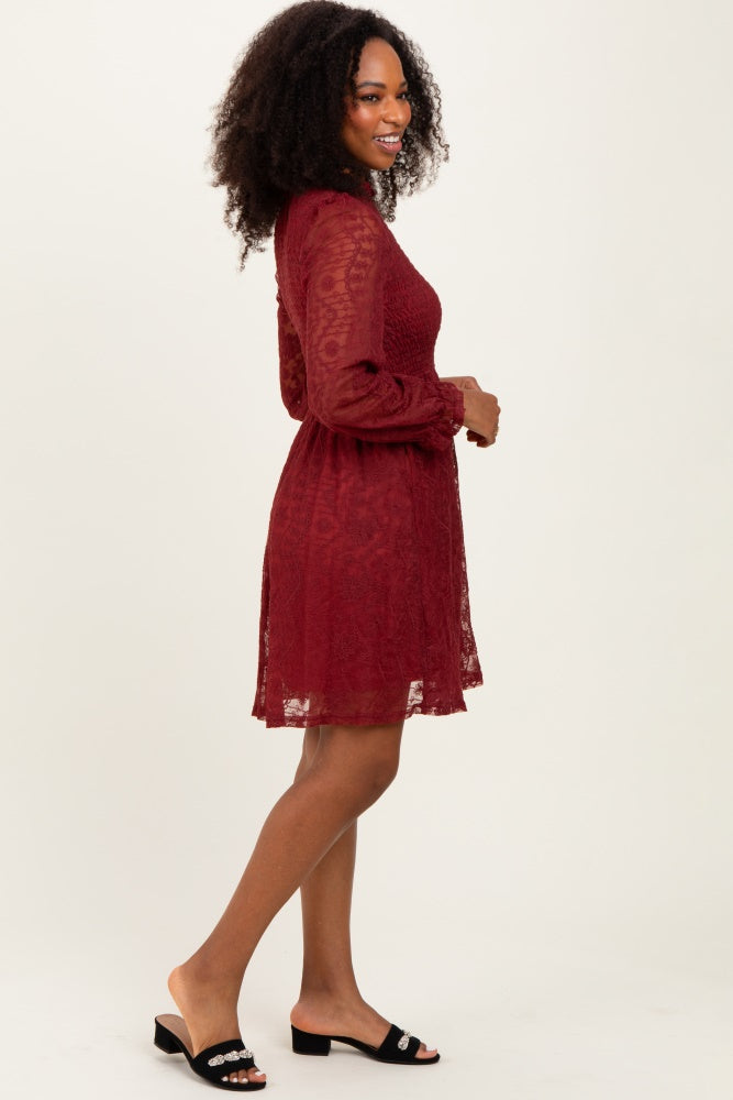Red Lace Smocked Long Sleeve Dress