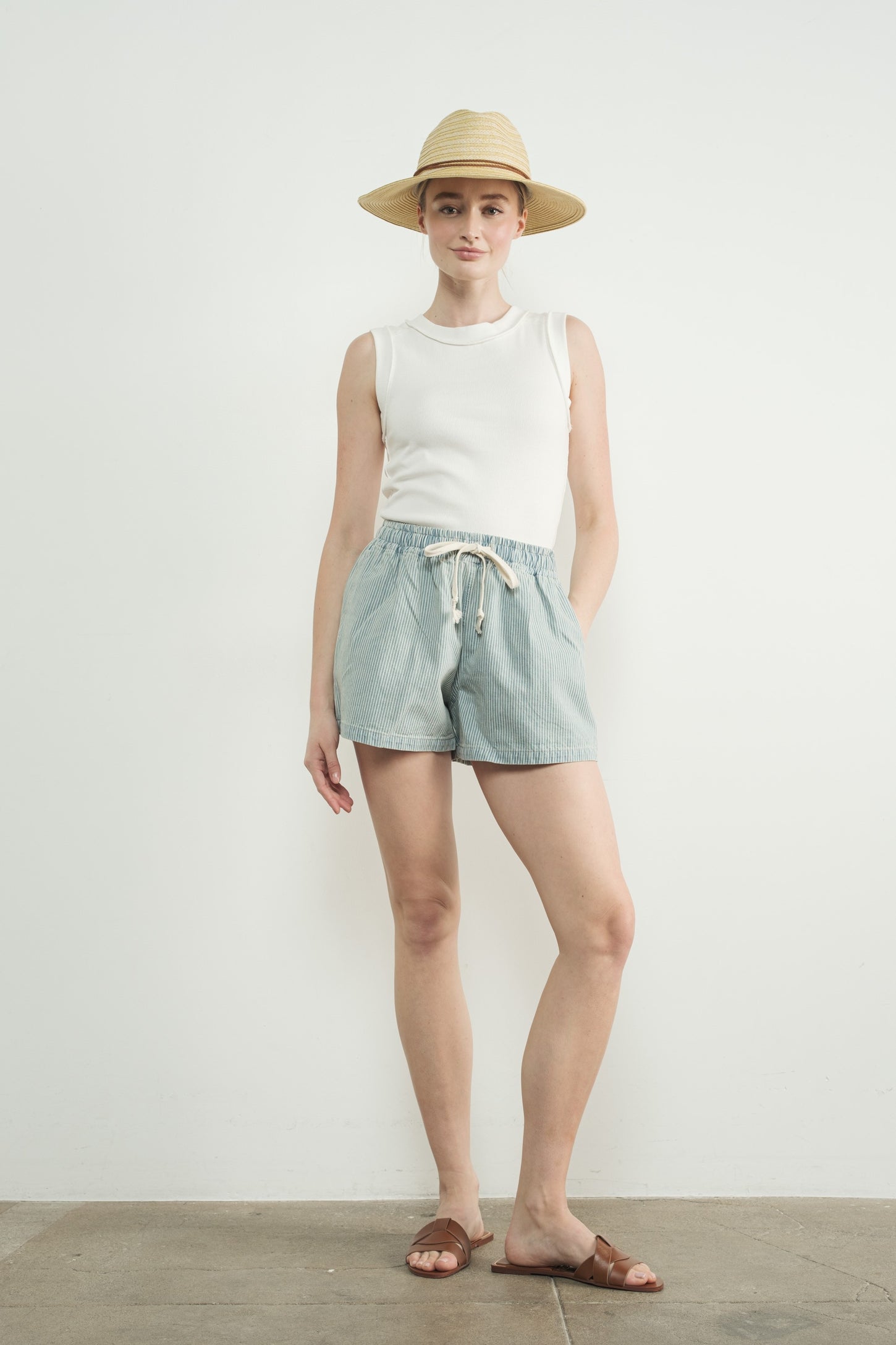 Light Blue Striped Drawstring Maternity Denim Shorts
