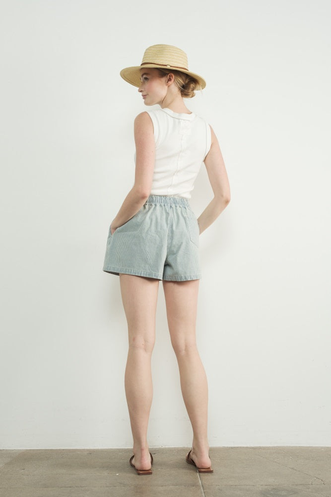 Light Blue Striped Drawstring Denim Shorts