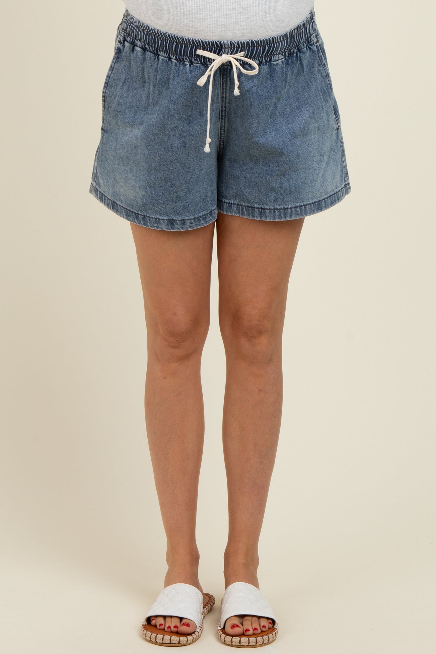 Blue Drawstring Maternity Denim Shorts