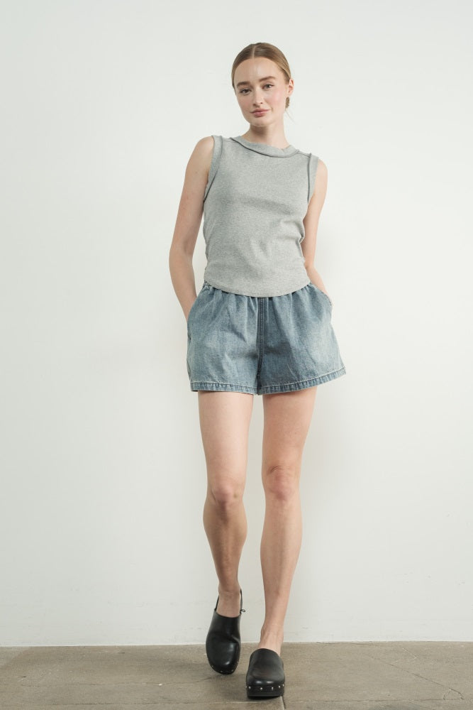 Blue Drawstring Denim Shorts