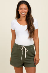 Olive Ribbed Texture Drawstring Maternity Shorts