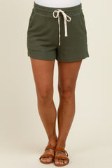Olive Ribbed Texture Drawstring Maternity Shorts