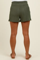 Olive Ribbed Texture Drawstring Maternity Shorts