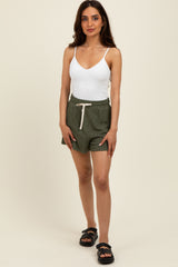 Olive Ribbed Texture Drawstring Shorts