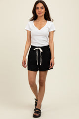 Black Ribbed Texture Drawstring Shorts
