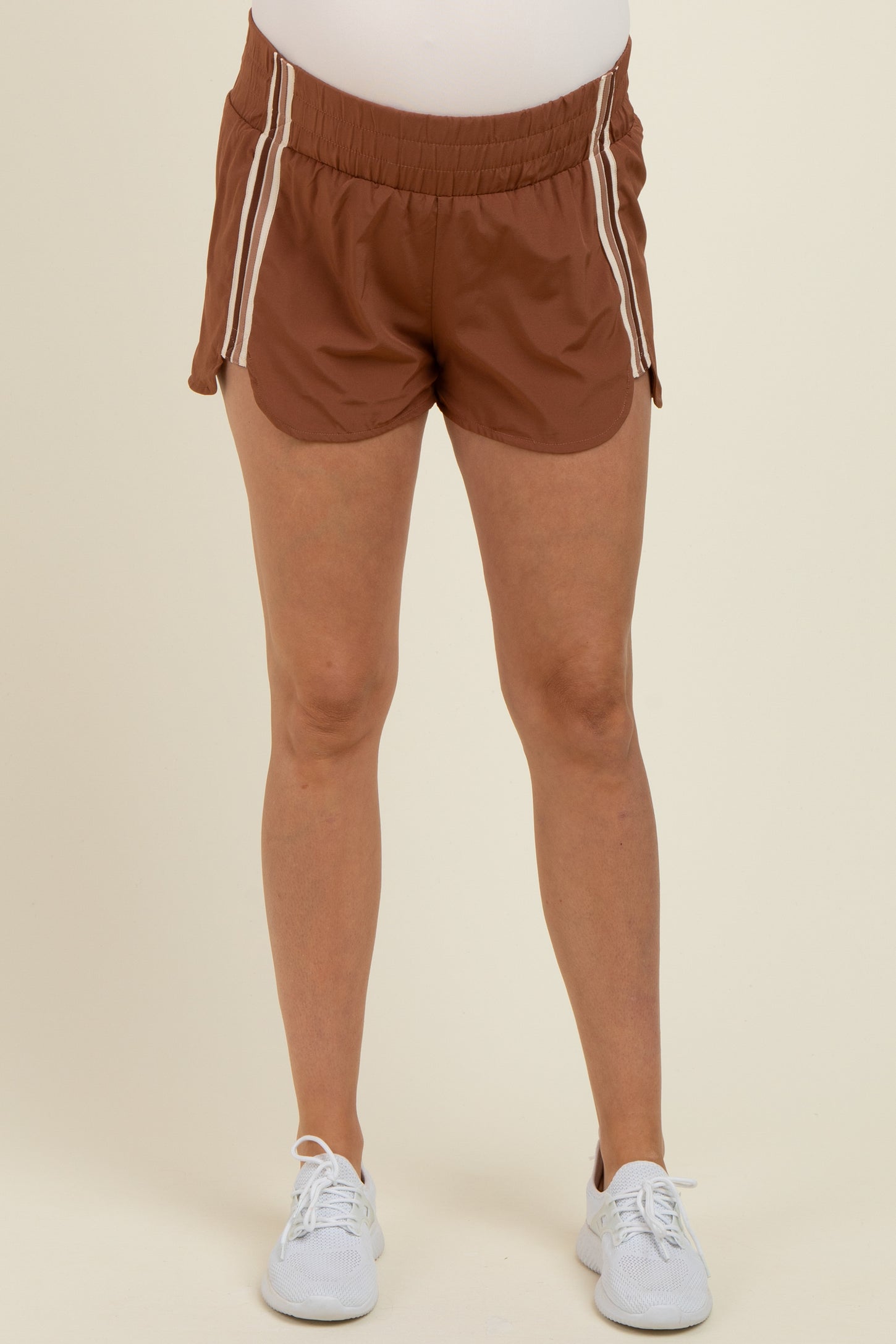 Brown Stripe Detail Active Maternity Shorts