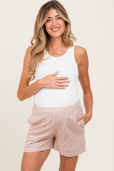 Beige Striped Linen Blend Maternity Shorts