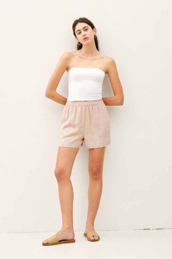 Beige Striped Linen Blend Shorts