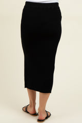 Black Ribbed Knit Side Slit Maternity Midi Skirt