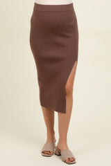 Mocha Ribbed Knit Side Slit Maternity Midi Skirt