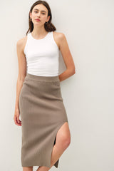 Olive Ribbed Knit Side Slit Midi Skirt
