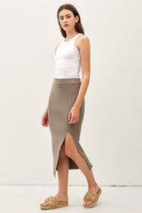 Olive Ribbed Knit Side Slit Midi Skirt