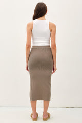 Olive Ribbed Knit Side Slit Midi Skirt