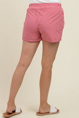 Red Gingham Button Accent Maternity Shorts
