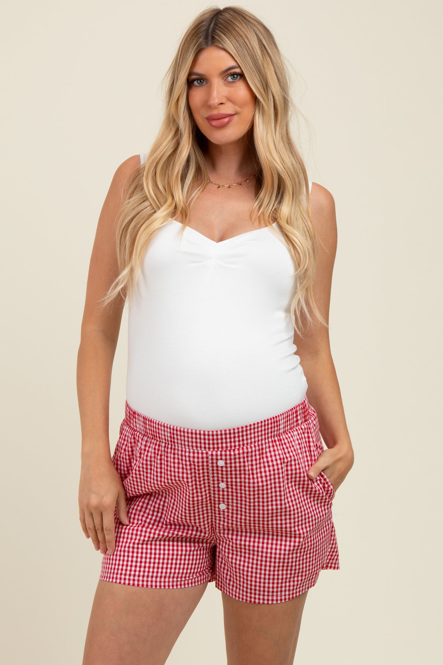 Red Gingham Button Accent Maternity Shorts