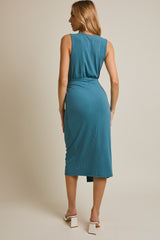 Teal Sleeveless Wrap Tie Waist Midi Dress