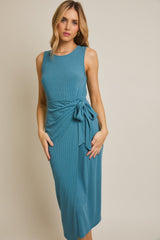 Teal Sleeveless Wrap Tie Waist Midi Dress