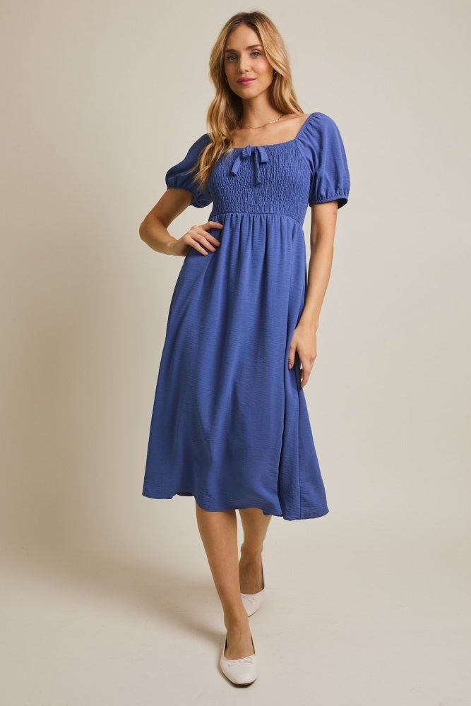 Navy Blue Smocked Square Neck Bow Detail Midi Dress