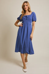 Navy Blue Smocked Square Neck Bow Detail Maternity Midi Dress