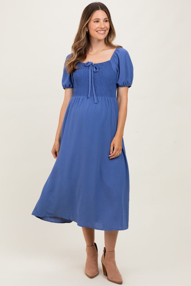 Navy Blue Smocked Square Neck Bow Detail Maternity Midi Dress