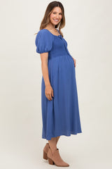 Navy Blue Smocked Square Neck Bow Detail Maternity Midi Dress
