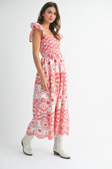 Red Embroidered Smocked Cutout Midi Dress