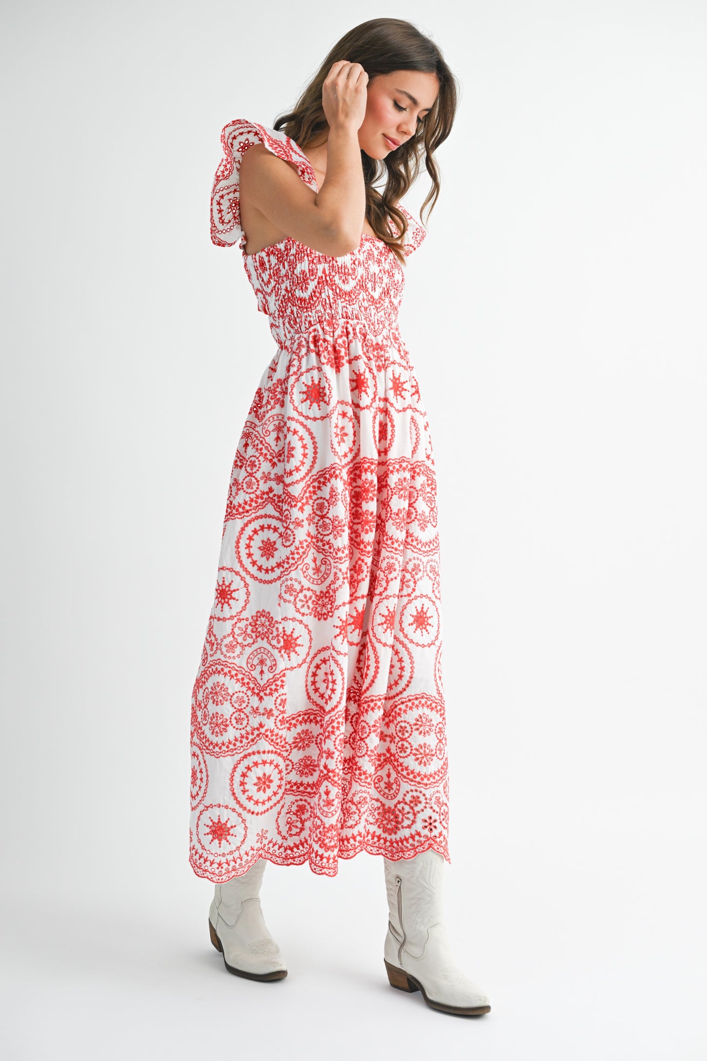 Red Embroidered Smocked Cutout Midi Dress