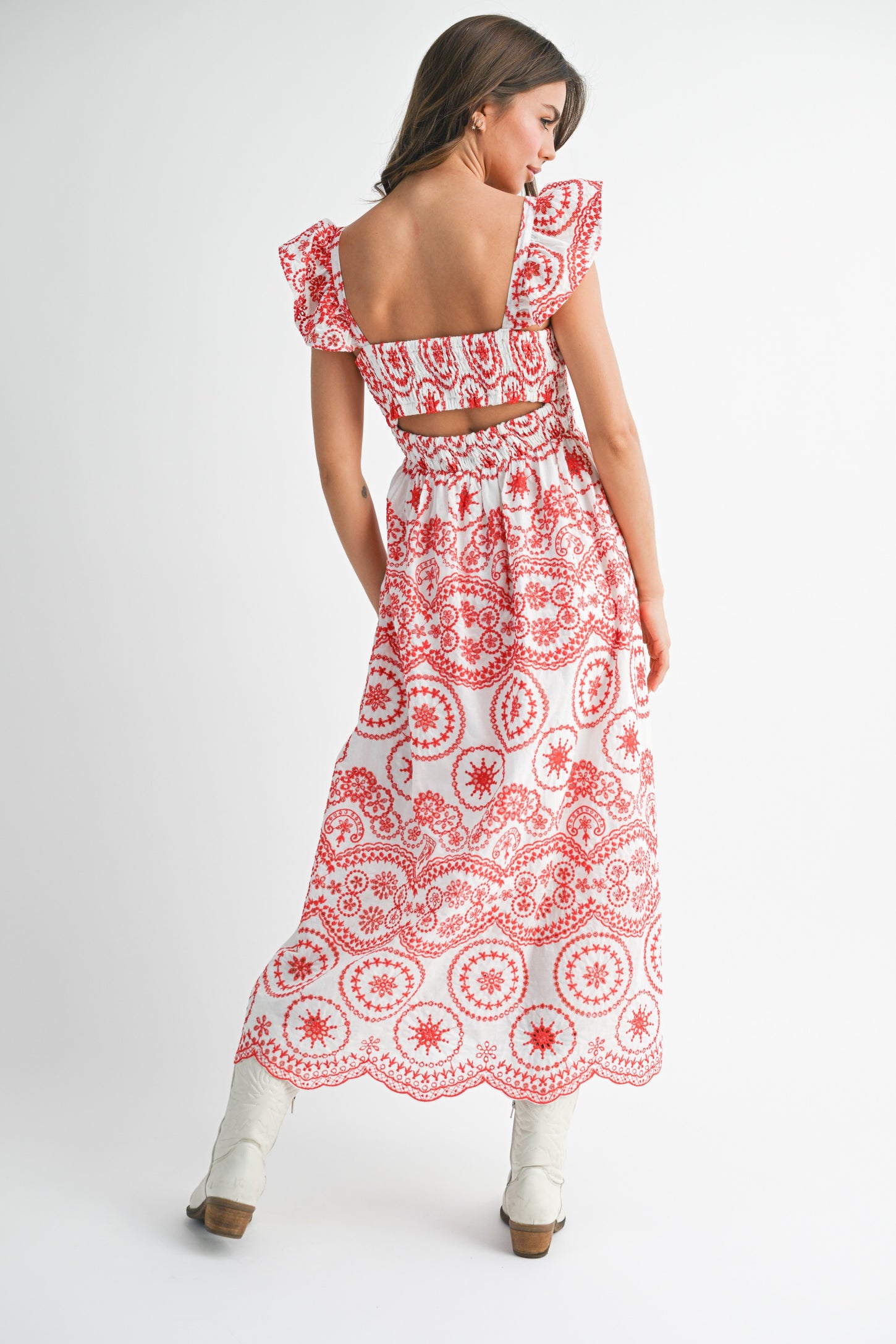 Red Embroidered Smocked Cutout Midi Dress