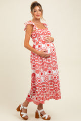 Red Embroidered Smocked Cutout Maternity Midi Dress